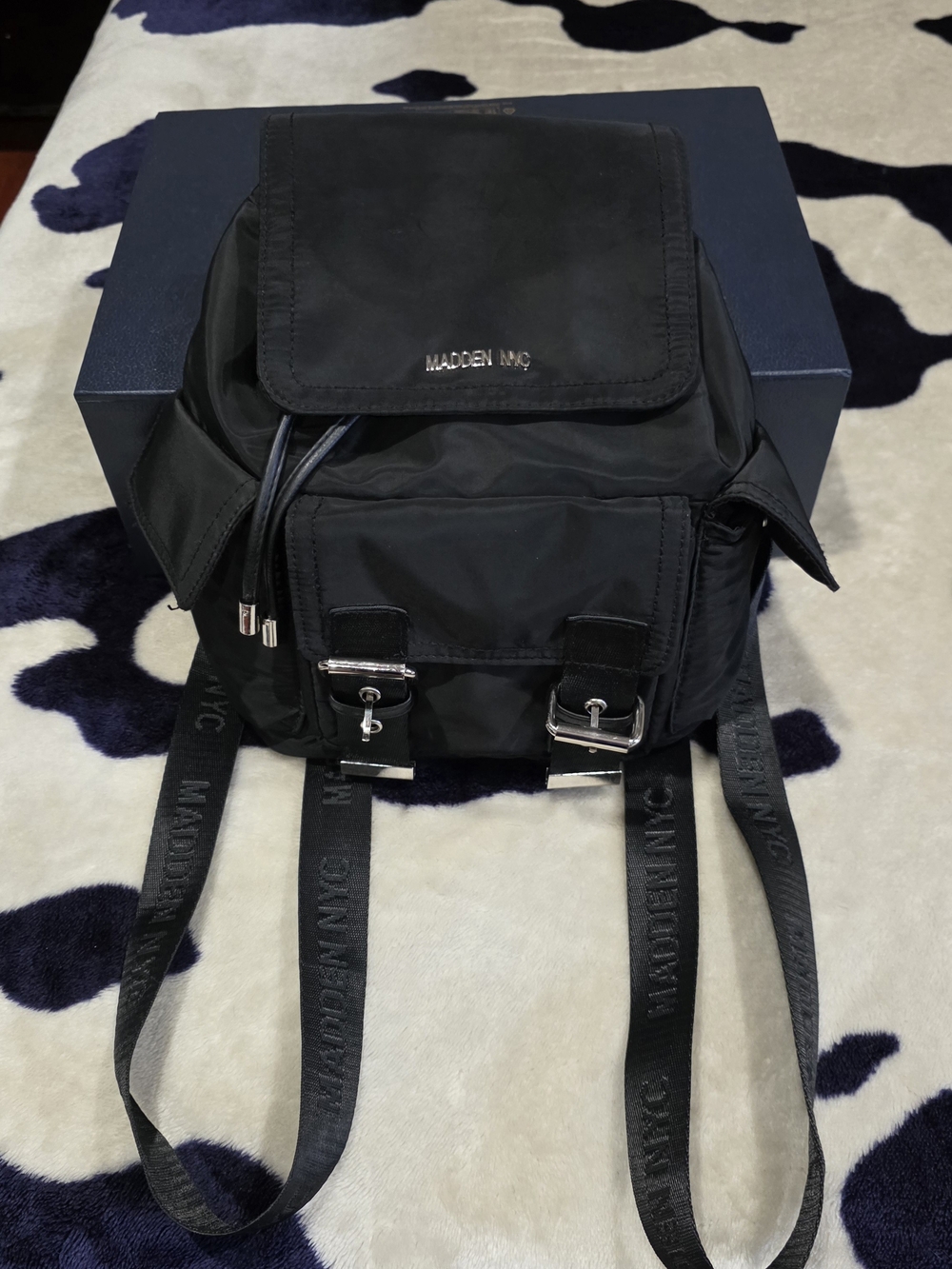 Steve Madden Black Nylon Backpack with Silver Hardware